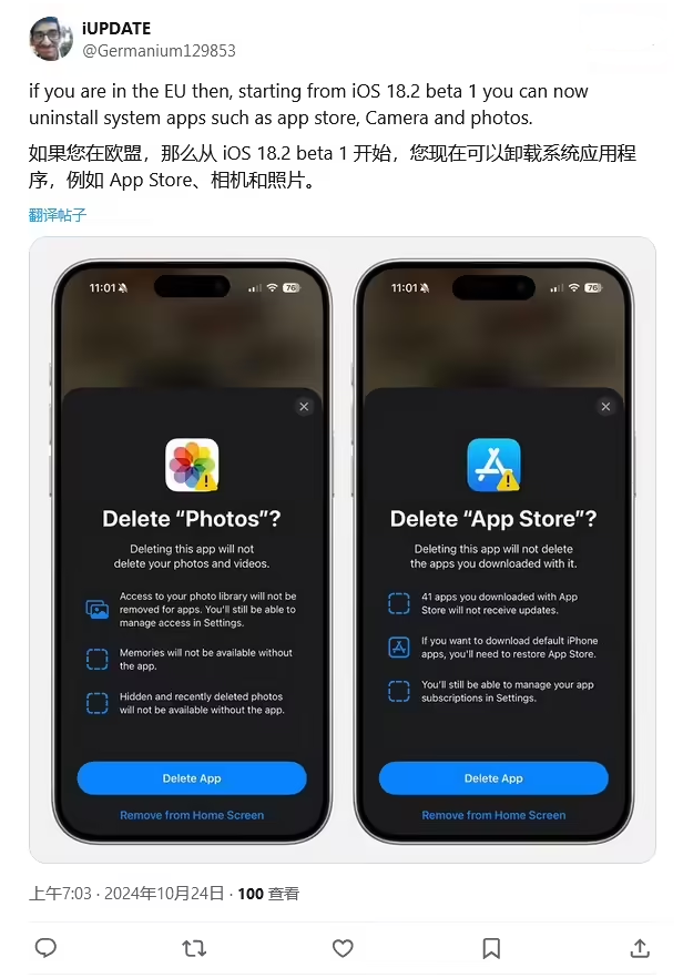 九龙坡苹果手机维修分享iOS 18.2 支持删除 App Store 应用商店 