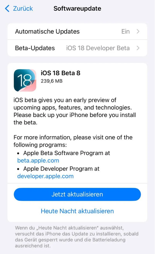 九龙坡苹果手机维修分享苹果 iOS / iPadOS 18 开发者预览版 Beta 8 发布 